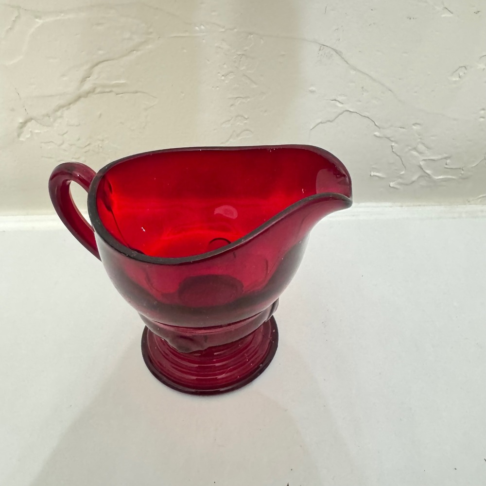 Vintage Ruby Red Glass Creamer Pedestal Small Pitcher Deep Red Glassware